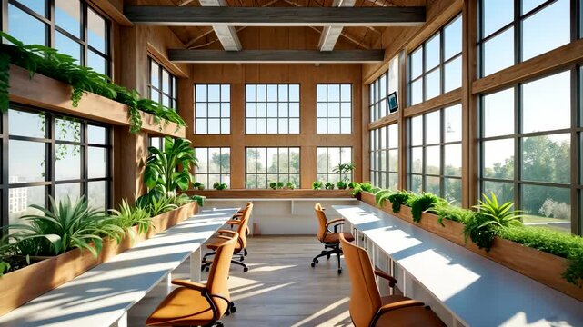 Spacious Industrial Style Office with Large Windows Wooden Beams and Green Plants in Bright Interior