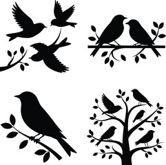 Bird silhouettes on branches and trees, flying and perched birds vector illustration, black nature bird icons for design and decor