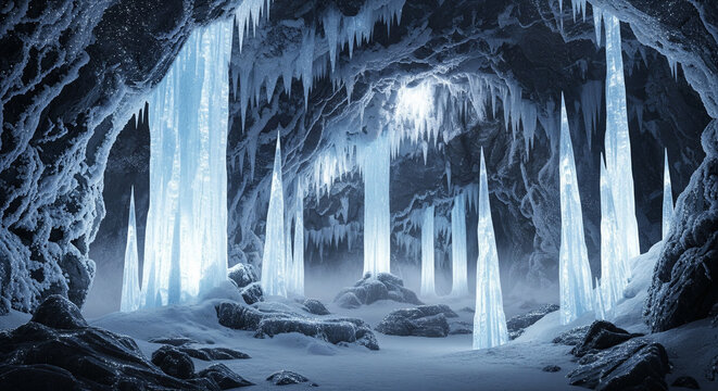 A magical and surreal image of a frozen ice cave filled with stunning formations. The scene is dominated by massive, glowing stalagmites rising from the icy floor and sharp icicles hanging