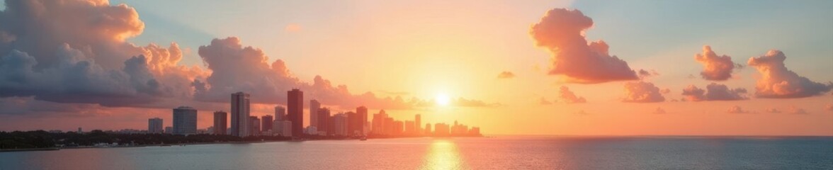Fototapeta premium Golden hour sunlight paints pastel sky above Miami skyline, ocean, high-resolution