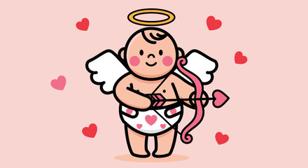 Obraz premium Cartoon cupid with halo and wings, holding a bow and arrow, surrounded by hearts on a pink background.