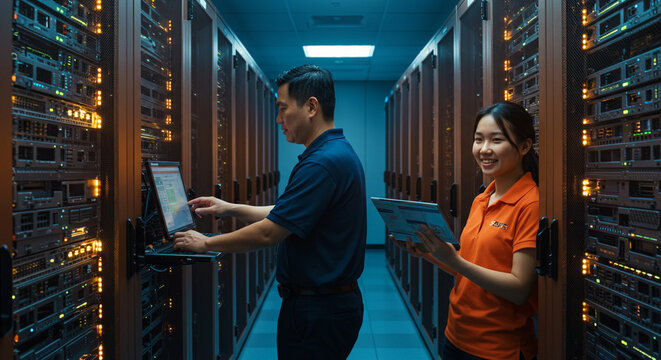 Technicians Configuring Servers in a Futuristic Data Center Environment. AI-generated image