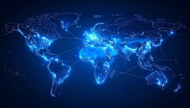 A glowing blue digital world map with illuminated nodes connected by thin lines, showcasing global interconnectedness