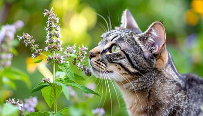 Tabby cat sniffing flowers in a garden
