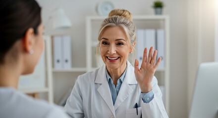 Senior Female Doctor Conducting an Online Consultation in a Modern Office. AI-generated image