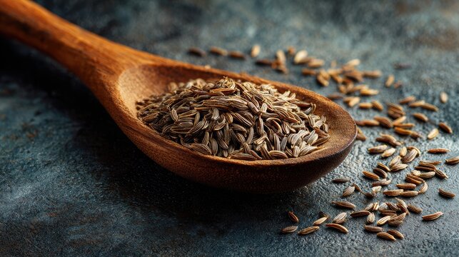 Benefits of cumin. A wooden spoon filled with cumin seeds on a textured surface.