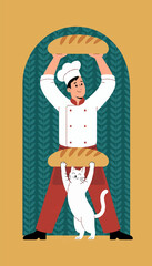 Funny flat illustration of a baker's cook and a cat carrying a huge bun over their heads. Vector graphics. EPS.