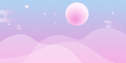 Happy mid autumn festival banner background. Minimalist wallpaper template with mountain, moon, clouds and stars. Suitable for flyer, card and cover. Vector