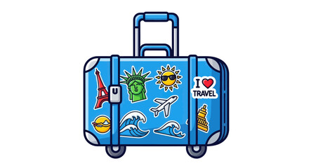 Vibrant blue suitcase adorned with iconic travel stickers ready for adventure.