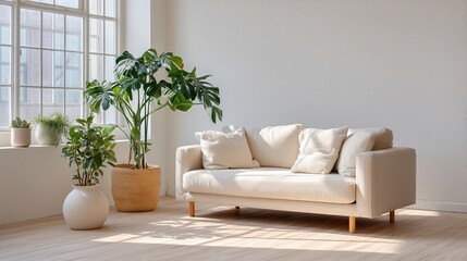 Modern Living Room Serenity: A sun-drenched, minimal living space features a sleek, neutral-toned sofa adorned with plush pillows, accompanied by verdant potted plants near a large window.