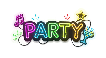 Colorful Neon PARTY Sign with Music Note Star and Cocktail Glass.