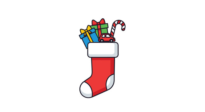 A cartoon Christmas stocking filled with presents a toy car and a candy cane.