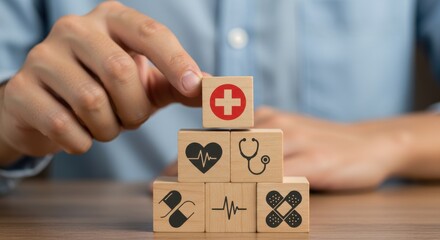 Wooden blocks stacked in a pyramid with healthcare symbols representing health insurance and medical care