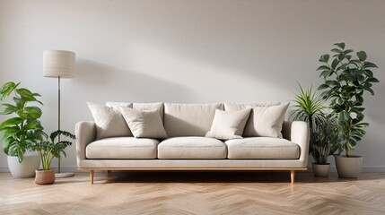 Neutral Couch with Plants: A minimalist living room setting features a comfortable, neutral-toned couch accented with cozy pillows, set against a backdrop of indoor plants and warm lighting.