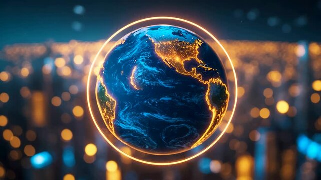 Glowing Planet Earth with Night City Lights Surrounded by Circular Halo in Futuristic Worldview