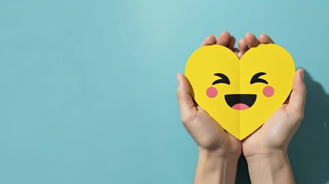 A person's hands gently holding a cheerful yellow heart with a smiling face, symbolizing love, kindness, and positive emotions on a blue background with copy space.