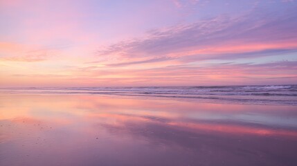 Soft Pastel Sunset Over a Calm Ocean Beach: Gentle Pink & Lavender Sunset Glow, Serene Beach with Calm Waves—Tranquil Coastal Scene of Pastel Hues at Dusk
