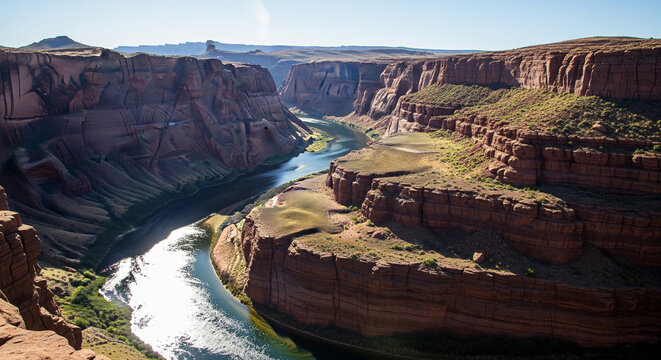 A breathtaking panoramic view of a deep canyon with a vibrant river winding through its base. The rugged rock formations and the contrasting blue-green water create a dramatic