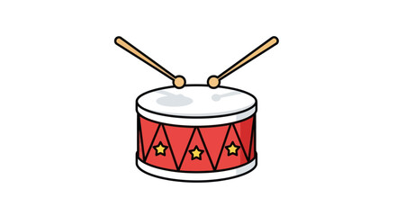 Cartoon Drum with Drumsticks Red Body and Star Decorations.