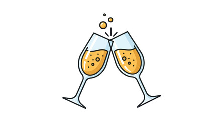 Two champagne flutes clinking with bubbly golden liquid and bubbles.