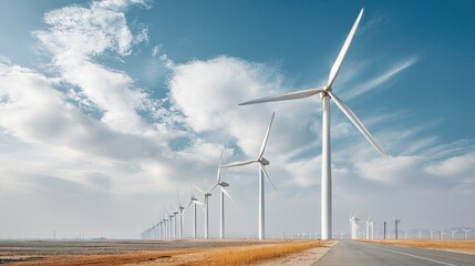 Fototapeta premium Wind Turbines on the Horizon: A row of colossal wind turbines, a testament to sustainable energy, stands tall against a captivating blue canvas of sky and wispy clouds.