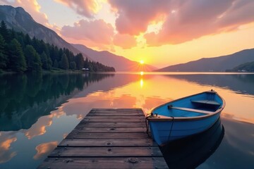 Obraz premium Serene blue boat on wooden dock, tranquil lake sunset , image, dusk