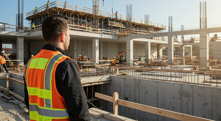 Construction Manager Overseeing a Busy Construction Project at a Construction Site. AI-generated image
