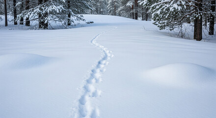 Obraz premium A pristine winter landscape featuring a winding trail of animal footprints through deep, untouched snow. The backdrop of snow-laden pine trees creates a serene and quiet forest setting under a soft