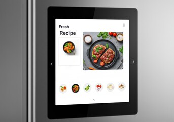 Fototapeta premium A digital recipe display on a stainless steel refrigerator, showcasing images of fresh food and ingredients.
