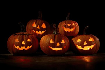 Group of Glowing Jack O Lantern Pumpkins for Halloween Celebration.