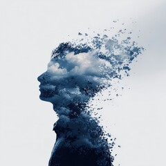 A surreal image depicting a human silhouette dissolving into clouds, symbolizing a blend of thought and nature, evoking feelings of introspection and creativity.