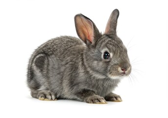 Fototapeta premium A gray baby rabbit sits alert against a pure white backdrop, displaying soft fur and large expressive eyes.