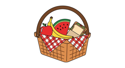 Woven Picnic Basket Filled with Fresh Fruits and Sandwiches.