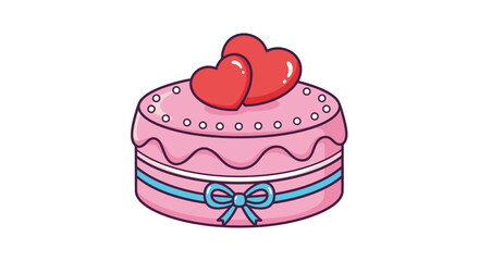 Adorable Pink Cake with Two Red Hearts and Blue Ribbon.