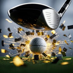 A golf club hits a ball, causing an explosion of celebratory confetti.