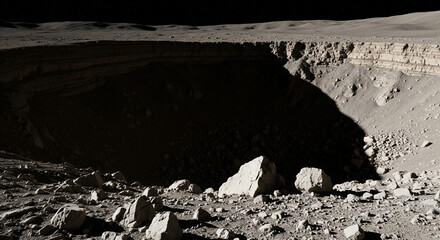 A dramatic and imposing view of a massive, deep crater on a barren lunar or alien surface. The foreground is littered with sharp, angular rocks and debris, leading to the precipitous edge of the dark 