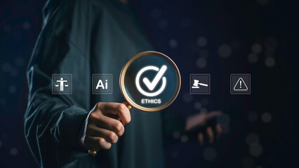 AI ethics compliance principle with magnifying glass highlighting responsibility, law, safety, and...