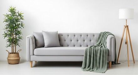 Modern Living Room With Grey Tufted Sofa And Green Throw Blanket interior couch