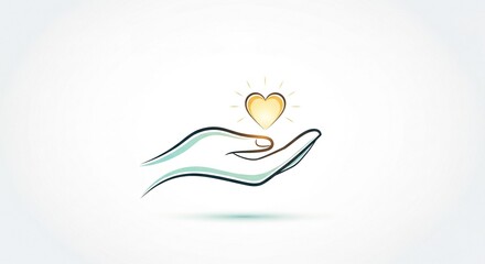 A stylized line drawing of an open hand gently holding a glowing golden heart, symbolizing care, love, and compassion.
