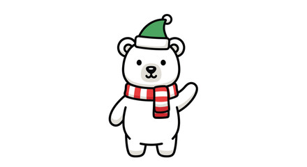 Cute Polar Bear Cartoon Character Wearing a Green Hat and Red Scarf.