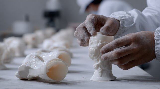 Precision shot of a technician assembling personalized prosthetic limb components with crystalclear focus on hand movements and outoffocus limb parts in the background.