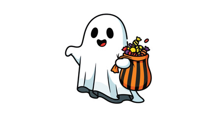 Cartoon Ghost Holding a Bag of Halloween Candy.