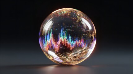 Crystal ball showing stock market chart; dark background, mystic glow, futuristic, crystal ball