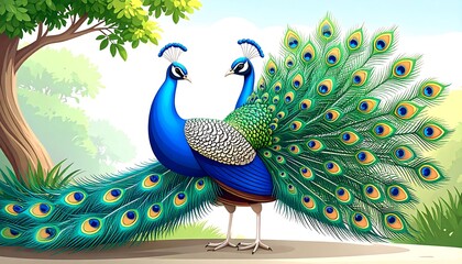 Two peacocks in a garden setting