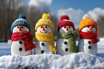 Group of cute funny laughing snowman with wool hat and scarf in the snow. Generative Ai