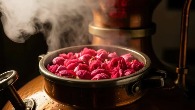 Steam distillation of fresh pink rose petals in copper alembic still, aromatic floral extraction process for essential oil and natural perfume production