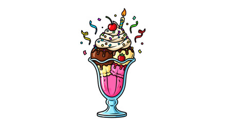 Colorful Cartoon Ice Cream Sundae with Candle and Confetti.
