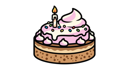 Cartoon Birthday Cake with Pink Icing and Lit Candle.