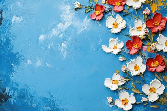 A blue background with small red, white, and yellow flowers on the edges of the canvas, creating an elegant floral border for a photography backdrop.