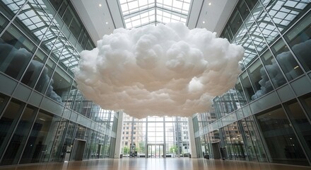 Image of super premium photo of a large, fluffy white cloud sculpture suspended indoors in a modern atrium with glass walls and natural light